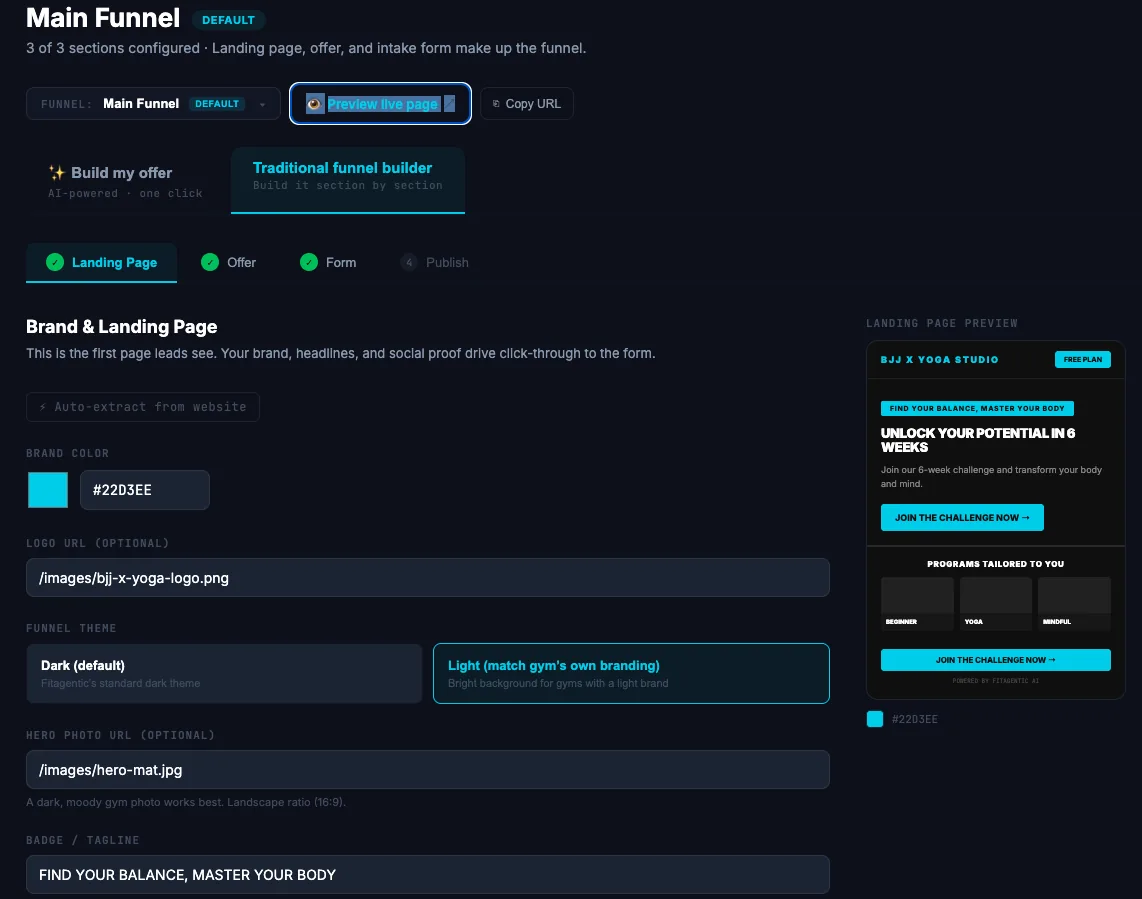The funnel builder with a live preview of the landing page beside the fields