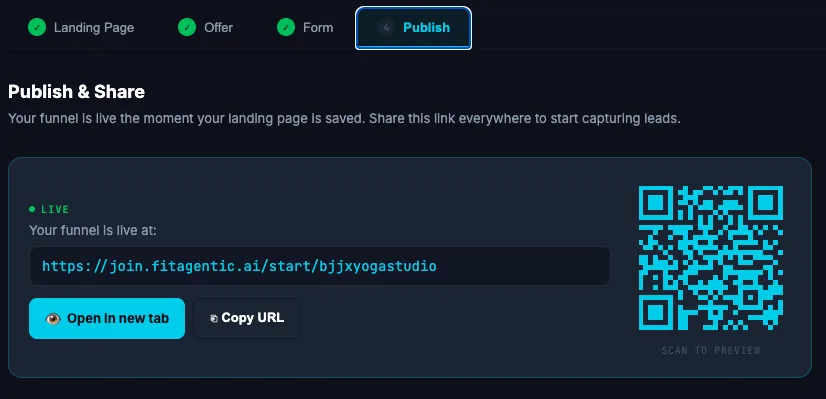 The publish screen: the funnel is live at its own link, with a QR code to scan